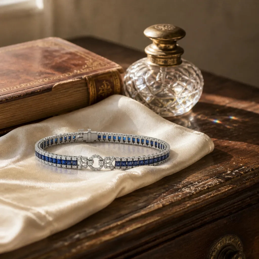 Sereva – Art Deco Sapphire Look Tennis Bracelet with Diamond-Look Clasp, Silver-Tone