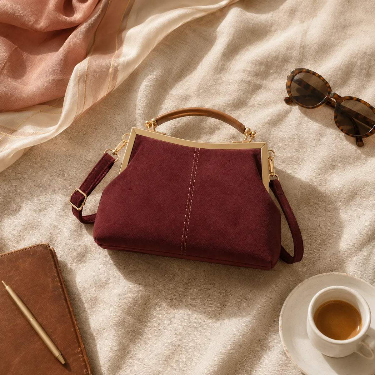Marelli – Suede-look shell bag with gold tone-frame clasp and crossbody strap