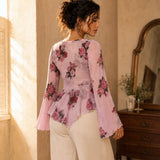 Roselyn – Floral tie-front bell sleeve mesh blouse