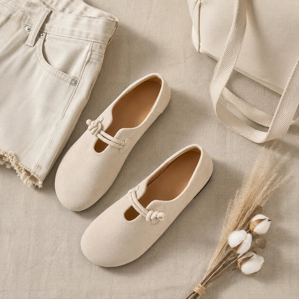 Solette – Knot Strap Suede-Look Mary Jane Flats for Women