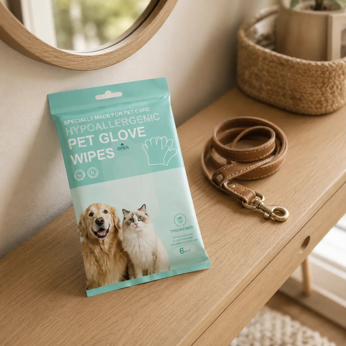 Pawmi – No-Rinse Pet Glove Wipes for Cats & Dogs, 6-Pack