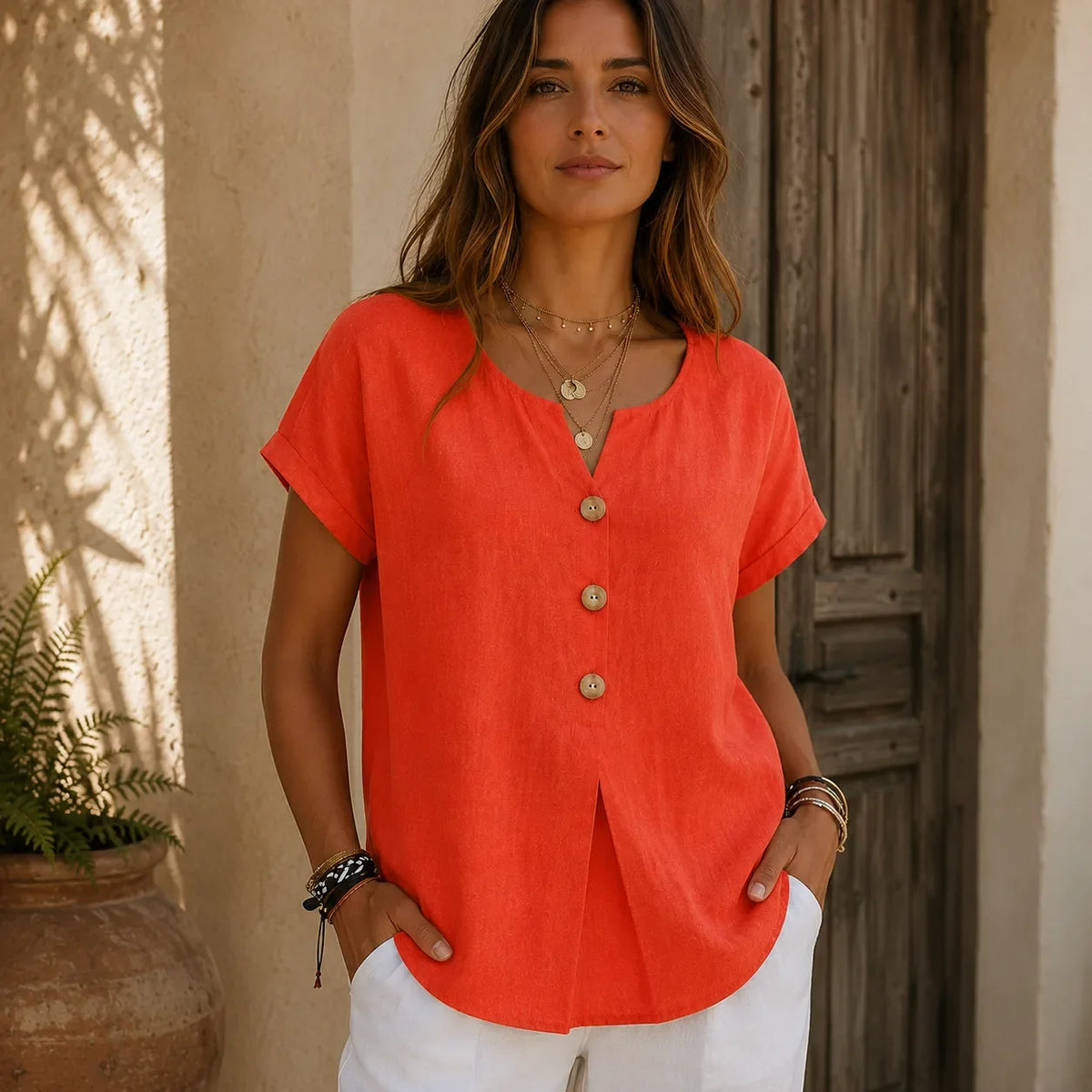 Lyneva – Linen-Look V-Neck Button Top for Women, Relaxed Casual Short-Sleeve Blouse