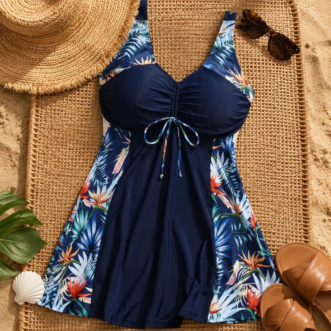 Solmara – Plus Size Printed Swimdress with Built-in Shorts, V-Neck Tie-Front
