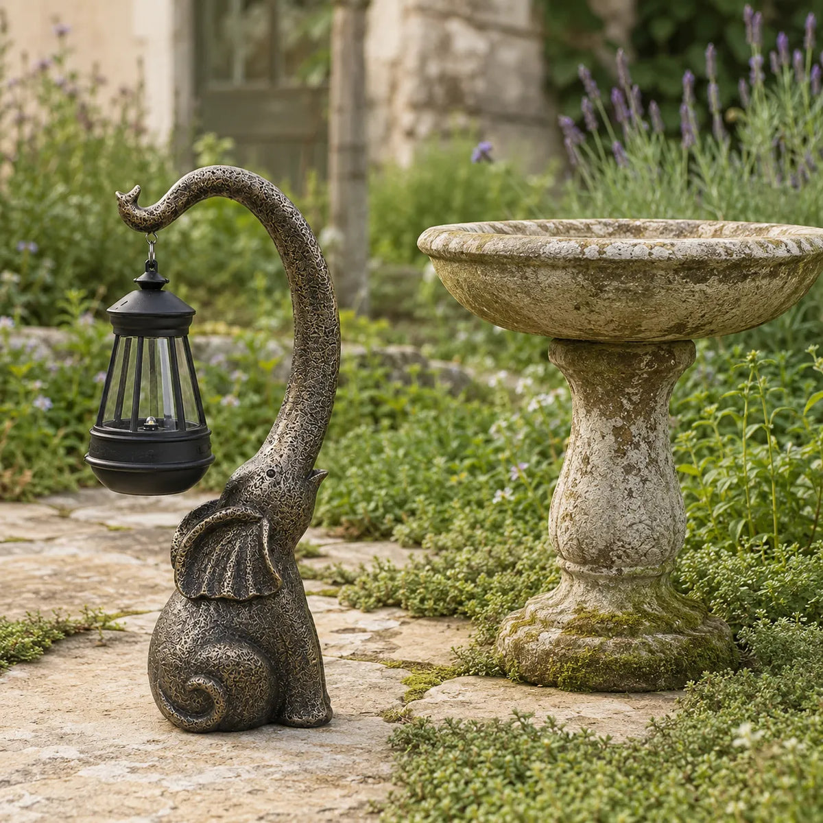 Lumeria – Aged Bronze Look Elephant Solar Lantern Garden Statue