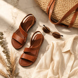 Solvea – Asymmetric Double Strap Flat Sandals for Women, Caramel and Black