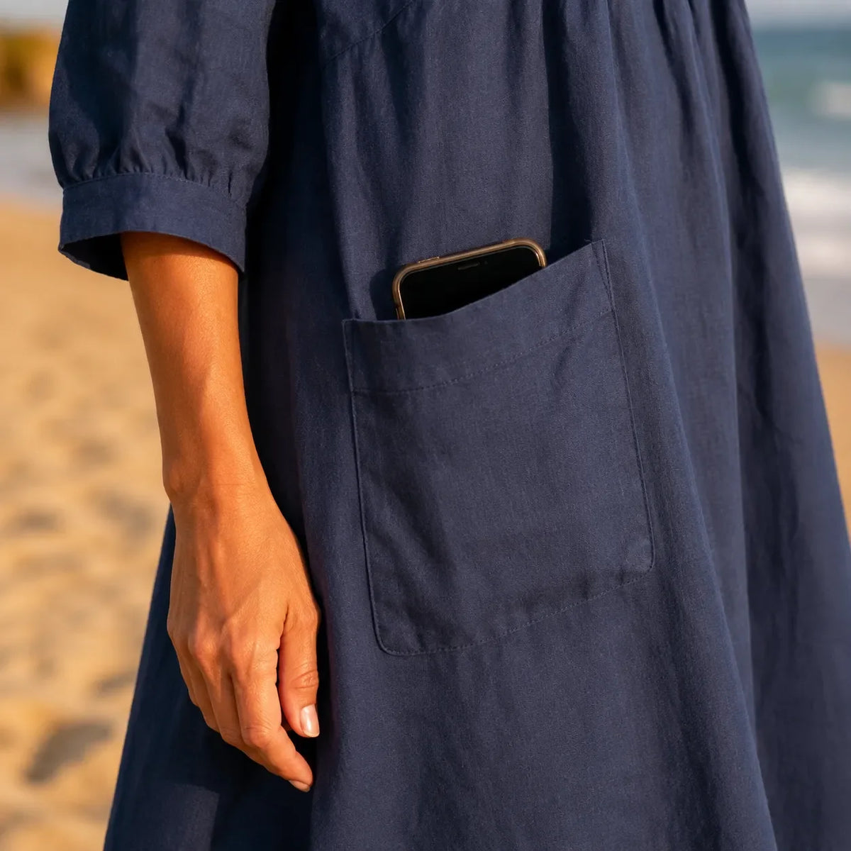 Marelle – Linen-Look Midi Dress with Three-Quarter Sleeves & Pockets