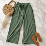 Marella – Wide Leg Boho Pants with Lace-like Side Trim and Drawstring Waist