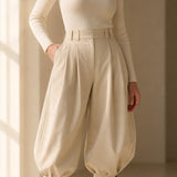 Marlow – Pleated Lantern Wide-Leg Trousers with Bow Cuffs