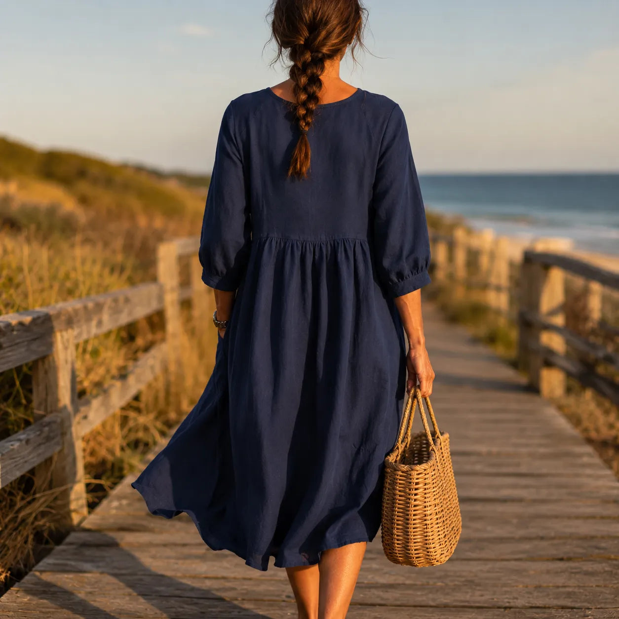 Marelle – Linen-Look Midi Dress with Three-Quarter Sleeves & Pockets
