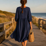 Marelle – Linen-Look Midi Dress with Three-Quarter Sleeves & Pockets