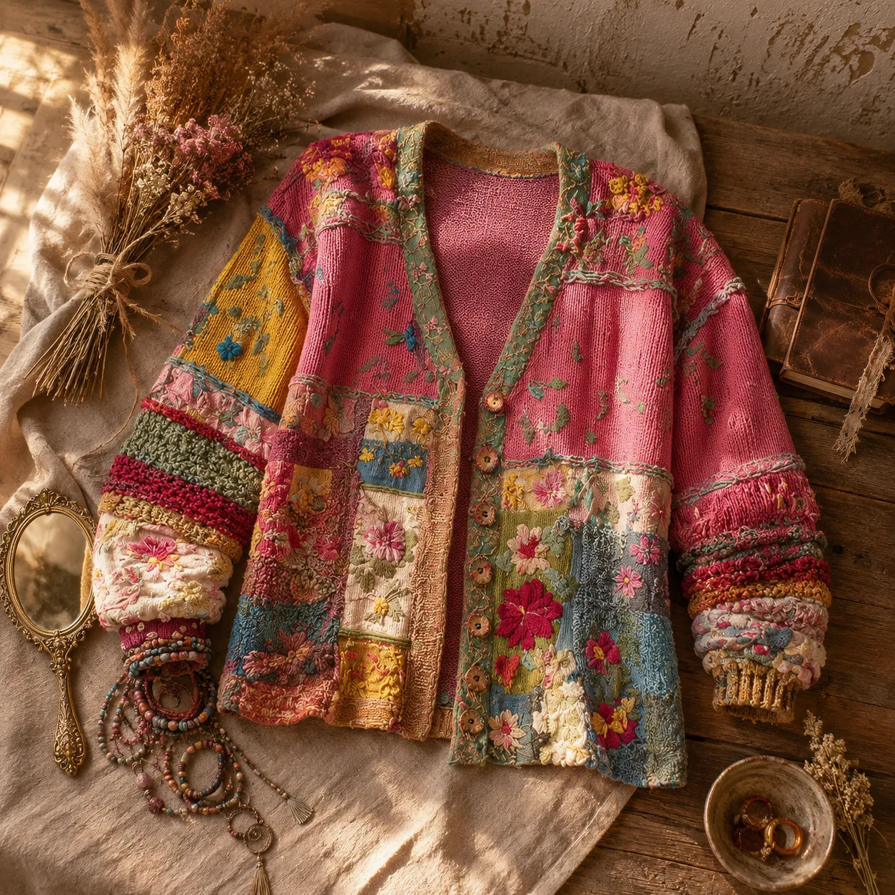 Solenne – Embroidered Look Floral Patchwork Boho Cardigan