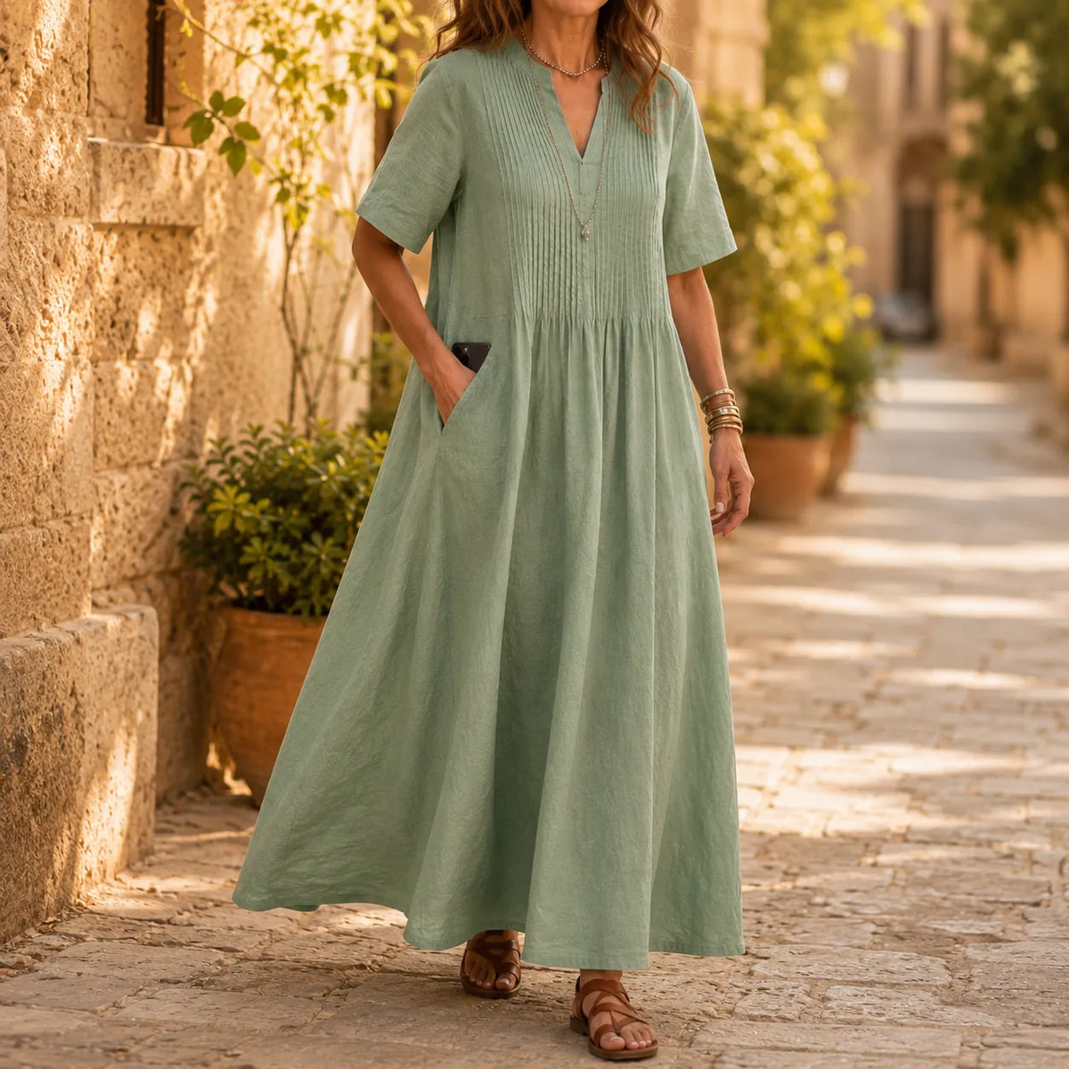 Lunavia – Pleated V-Neck Maxi Dress with Pockets