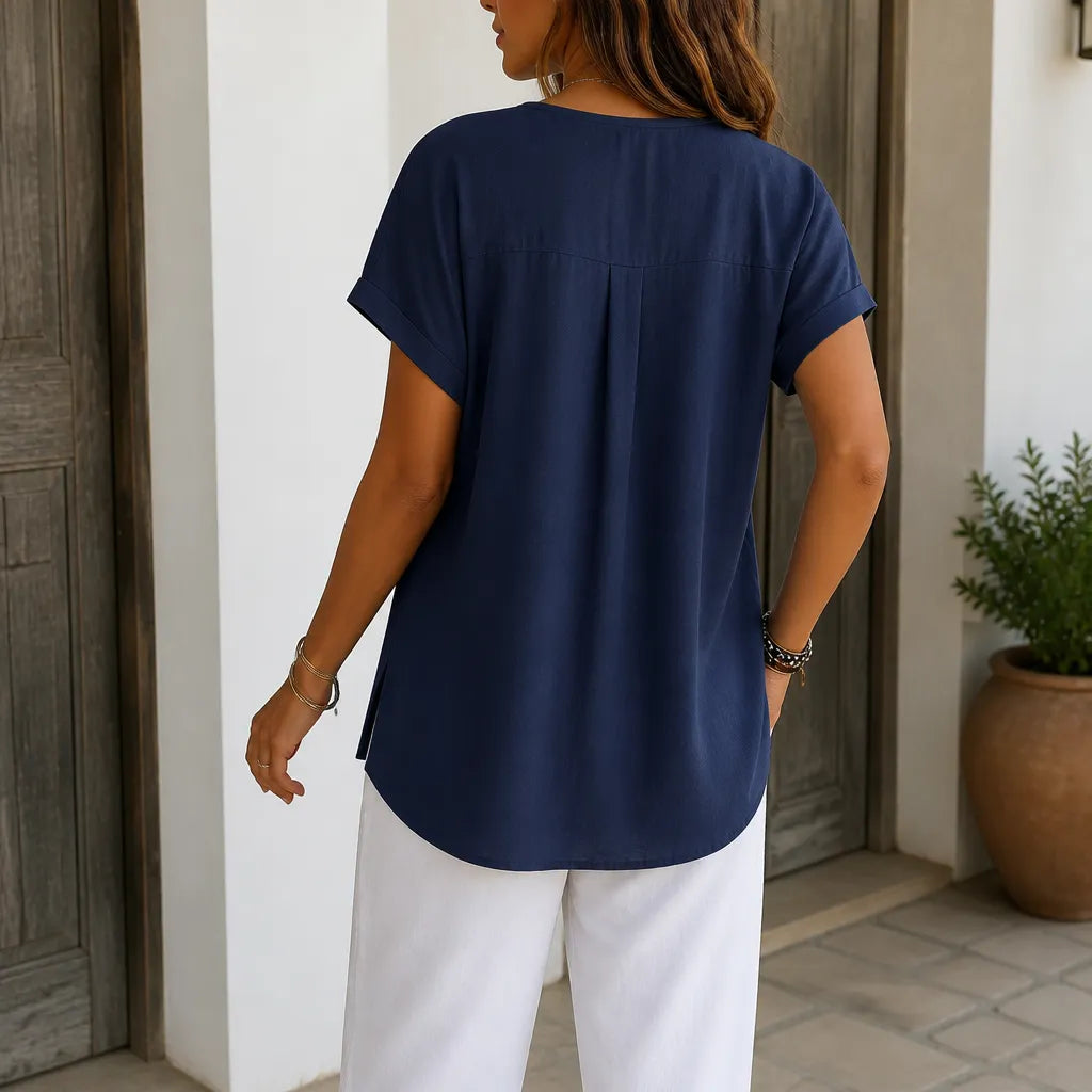 Lyneva – Linen-Look V-Neck Button Top for Women, Relaxed Casual Short-Sleeve Blouse