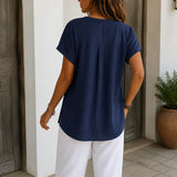 Lyneva – Linen-Look V-Neck Button Top for Women, Relaxed Casual Short-Sleeve Blouse