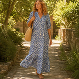Solara – Ikat Print Boho Maxi Dress with Tassel V-Neck
