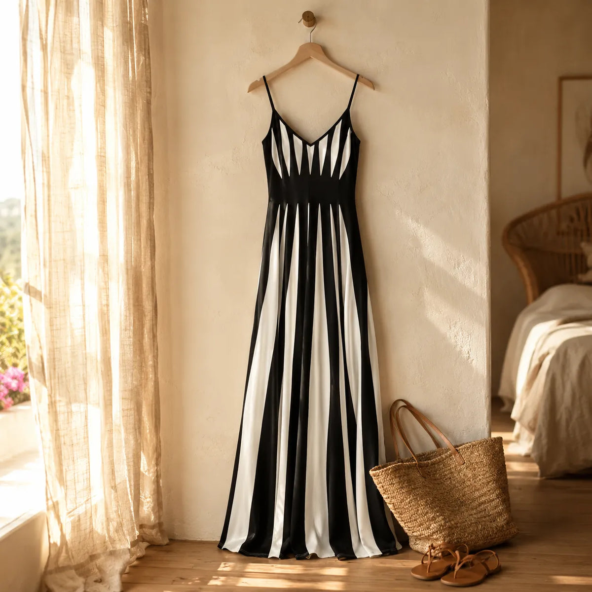 Solavia – Vertical Stripe Maxi Dress with V-Neck and Spaghetti Straps