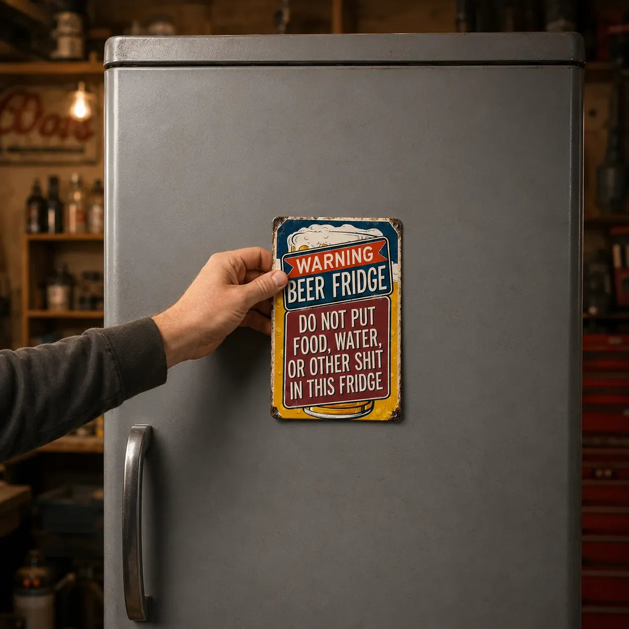 Fridgeboss – Warning Beer Fridge funny metal tin sign for man cave garage