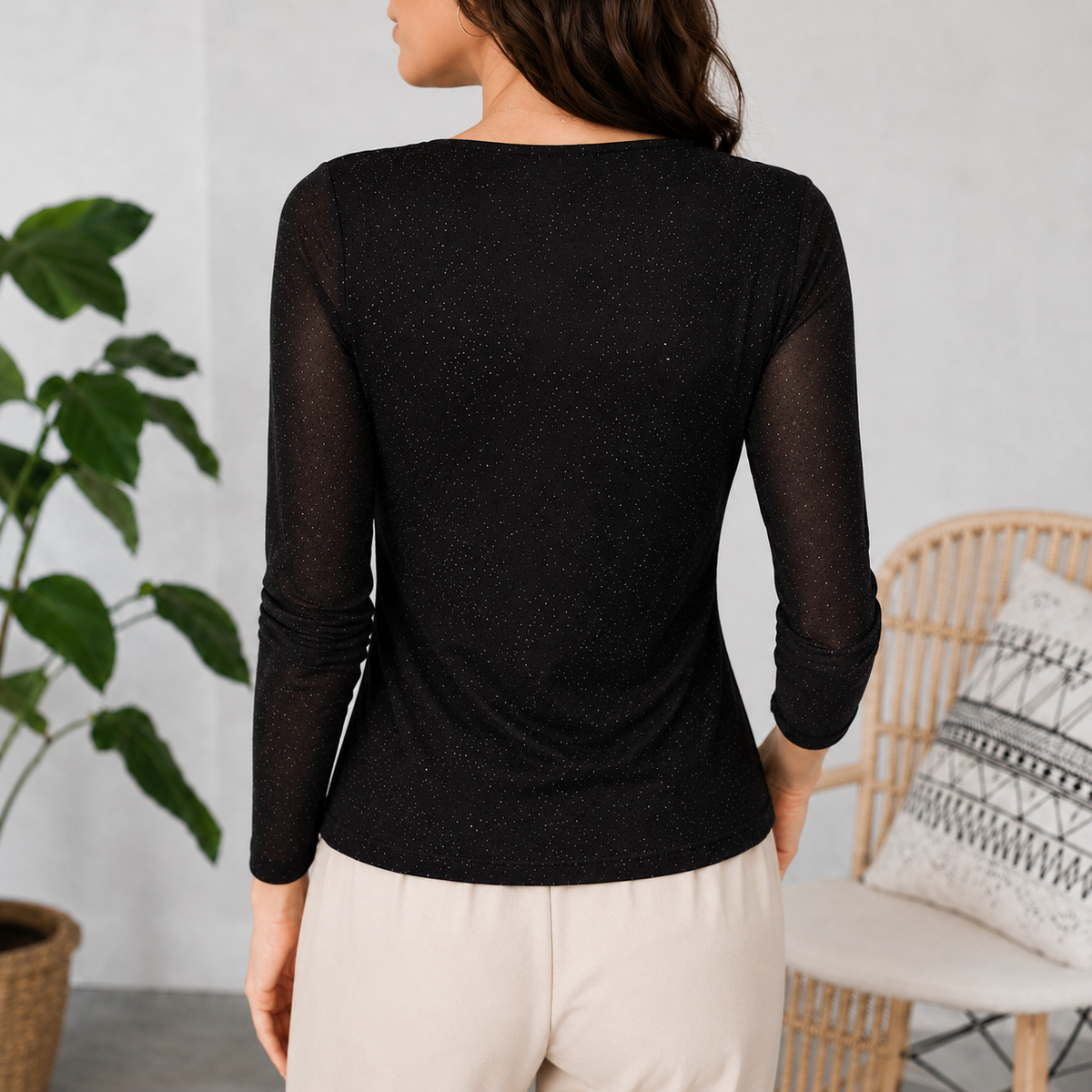 Solavia – Sparkle Ruched Crossover V-Neck Top with Sheer Mesh Sleeves