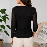 Solavia – Sparkle Ruched Crossover V-Neck Top with Sheer Mesh Sleeves