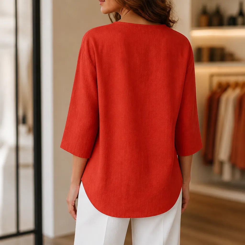 Marelle – Relaxed Fit Linen-Look Button Blouse with ¾ Sleeve