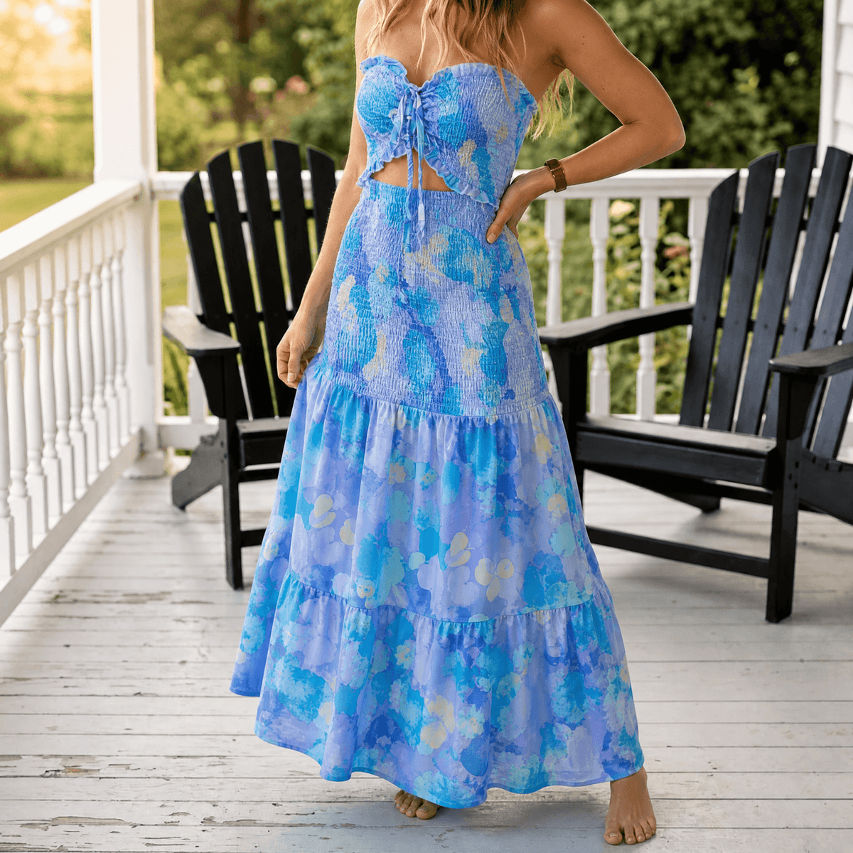 Liriosa – Women's Palm-Print Strapless Maxi Dress