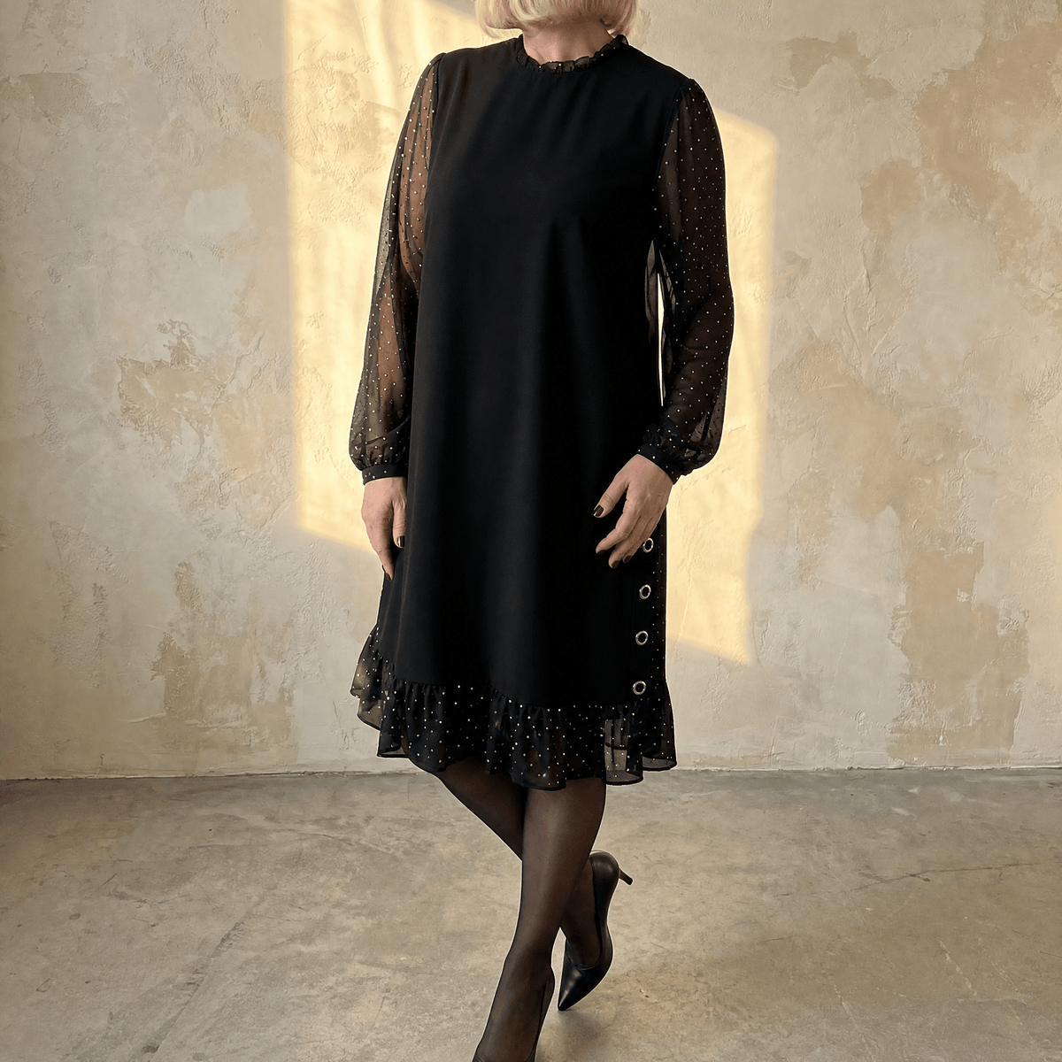 Lumiveil – Rhinestone Mesh Sleeve Dress with Ruffle Hem