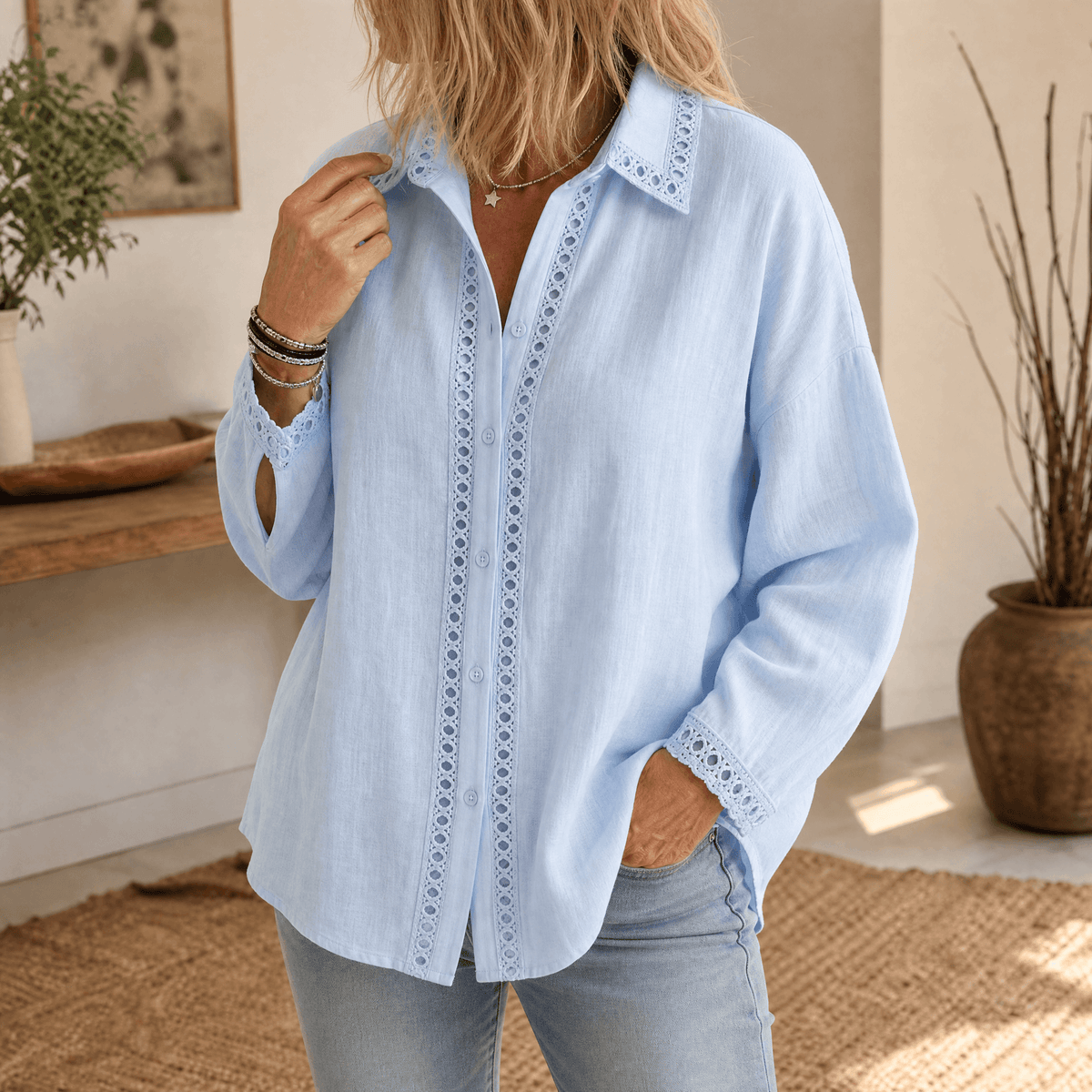 Lunavia – Women's Eyelet Trim Button-Down Blouse