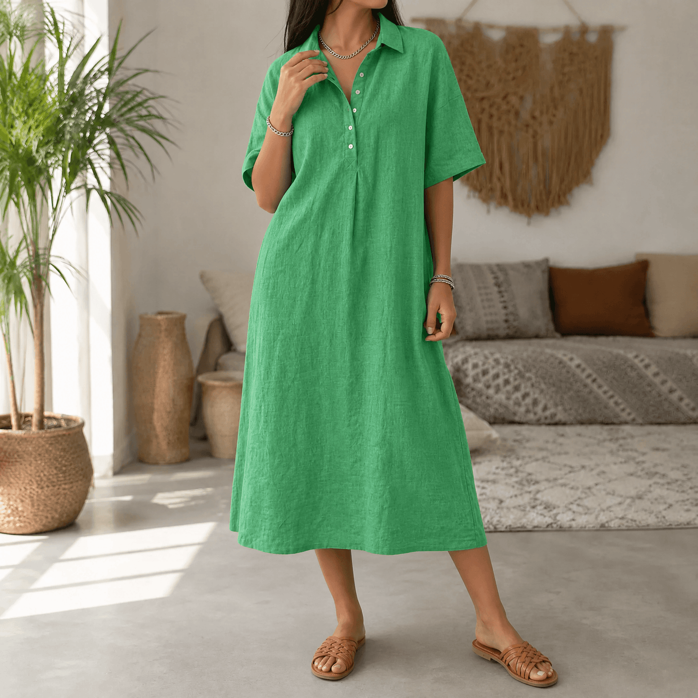 Lunavia – Women's Linen Polo Midi Dress