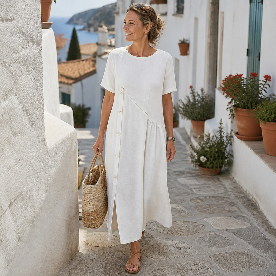 Lunavia – Women's Cotton-Linen Asymmetric Button Midi Dress