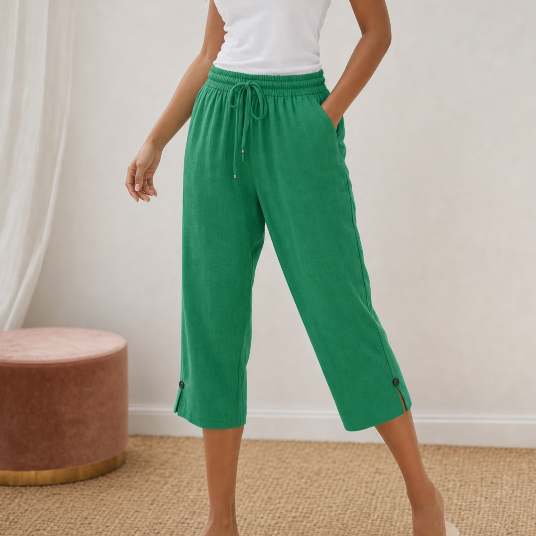 Lyriva – Women's Capri Pants with Drawstring Waist, Pockets and Button-Slit Hem