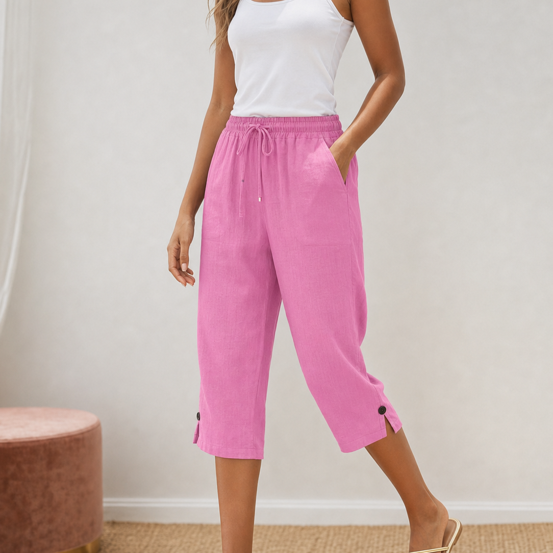 Lyriva – Women's Capri Pants with Drawstring Waist, Pockets and Button-Slit Hem