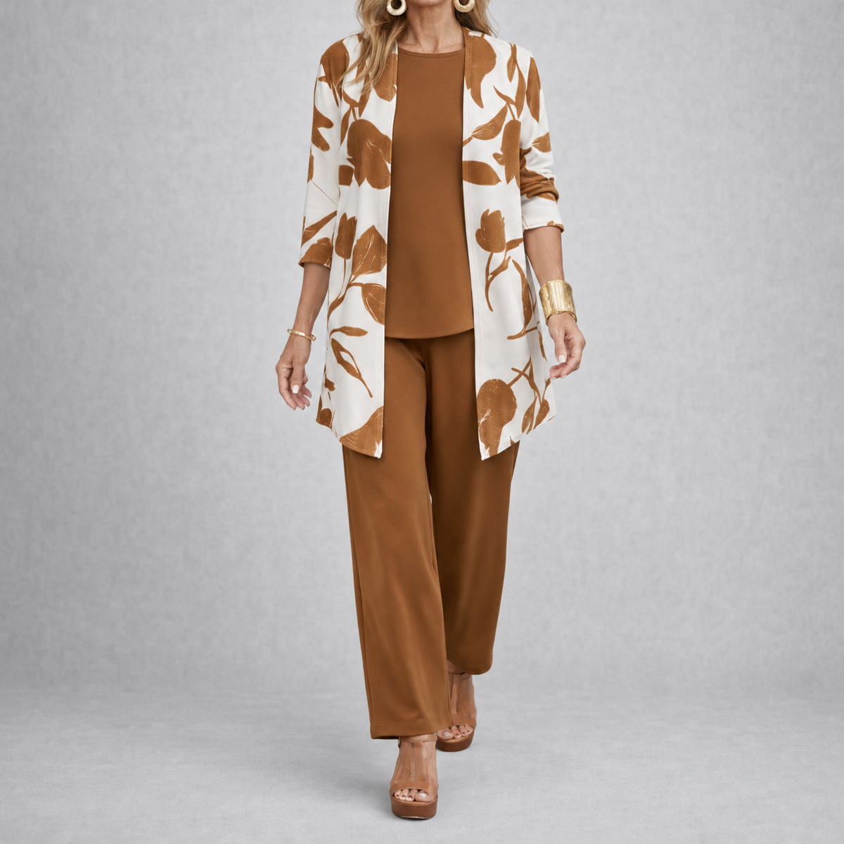 Brenda – Women's 3 Piece Set with Floral Cardigan, Scoop Top and Wide Leg Trousers