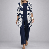 Evania – Women's Navy Botanical 3 Piece Outfit Set with Longline Cardigan