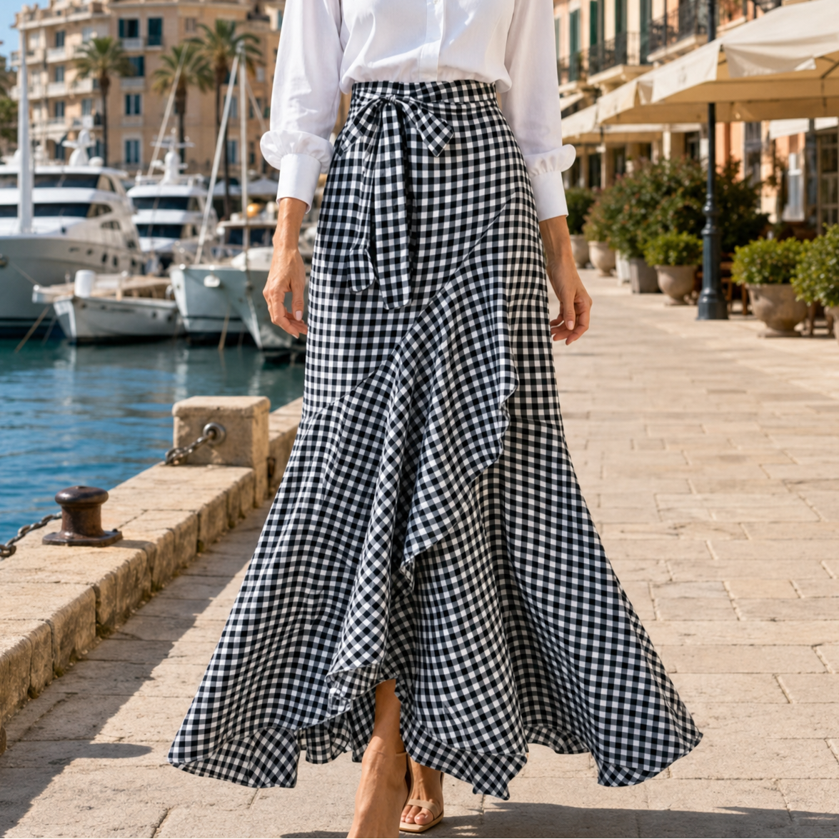 Veluna – Gingham Asymmetrical Ruffle Maxi Skirt for Women