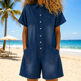 Sunova – Short Sleeve Denim-like Romper Jumpsuit with Pockets