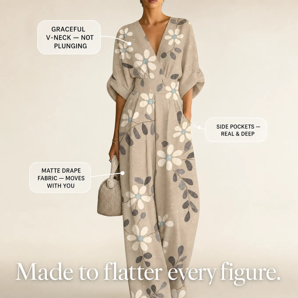 Solene – Printed V-Neck Wide-Leg Jumpsuit with Cinched Waist and Pockets