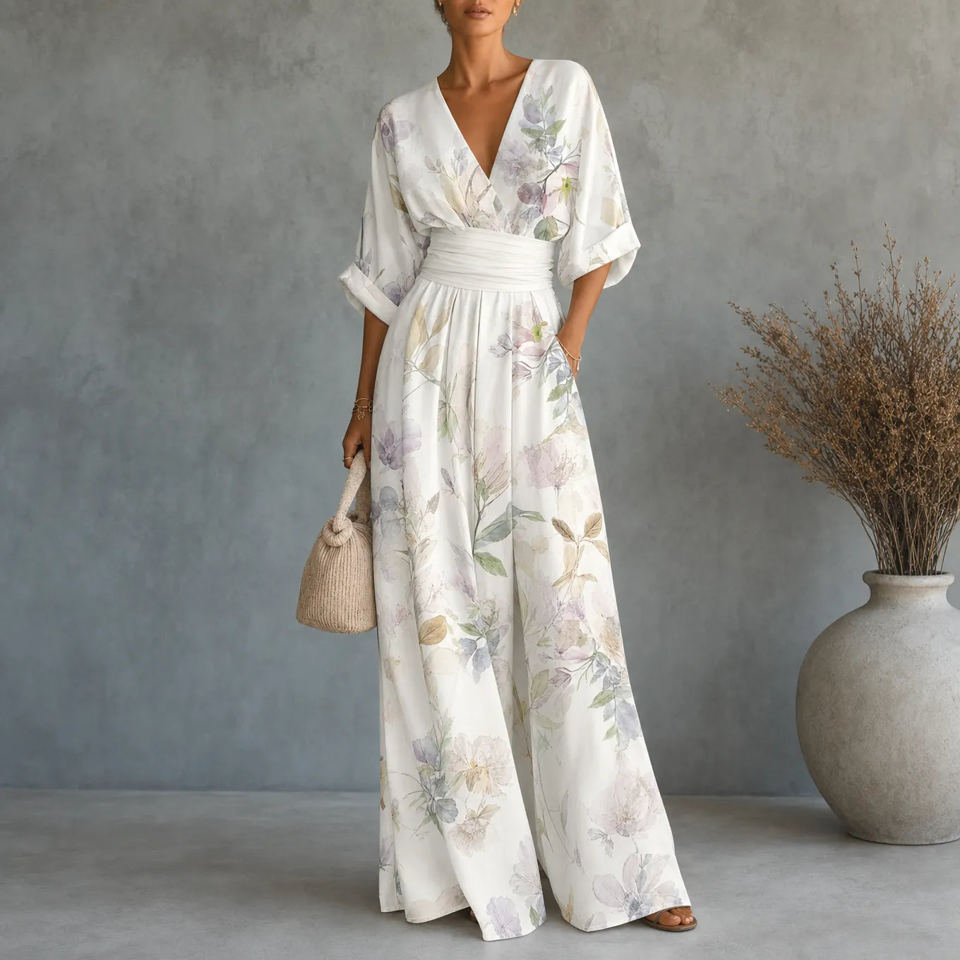 Solene – Printed V-Neck Wide-Leg Jumpsuit with Cinched Waist and Pockets