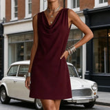 Solenne – Cowl Neck Mini Dress with Pockets, Slim Fit Sleeveless Shift