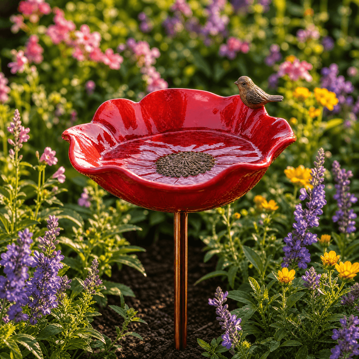 PetalHaven – Hand-Formed Poppy Bird Bath Garden Stake