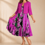 Phaeline – Women's Printed Midi Dress with Attached Cardigan