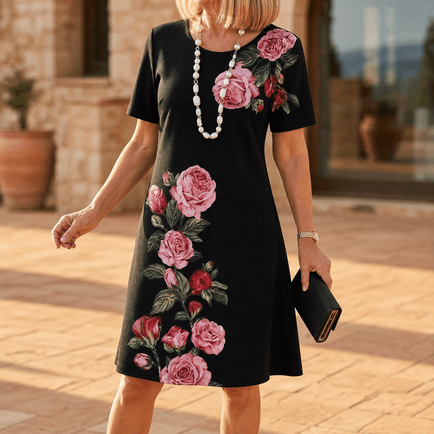 Rosella – Women's Rose Print A-Line Midi Dress