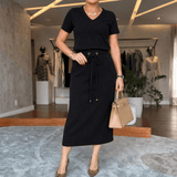 Saviya – Women's Ribbed V-Neck Top and Midi Skirt Set