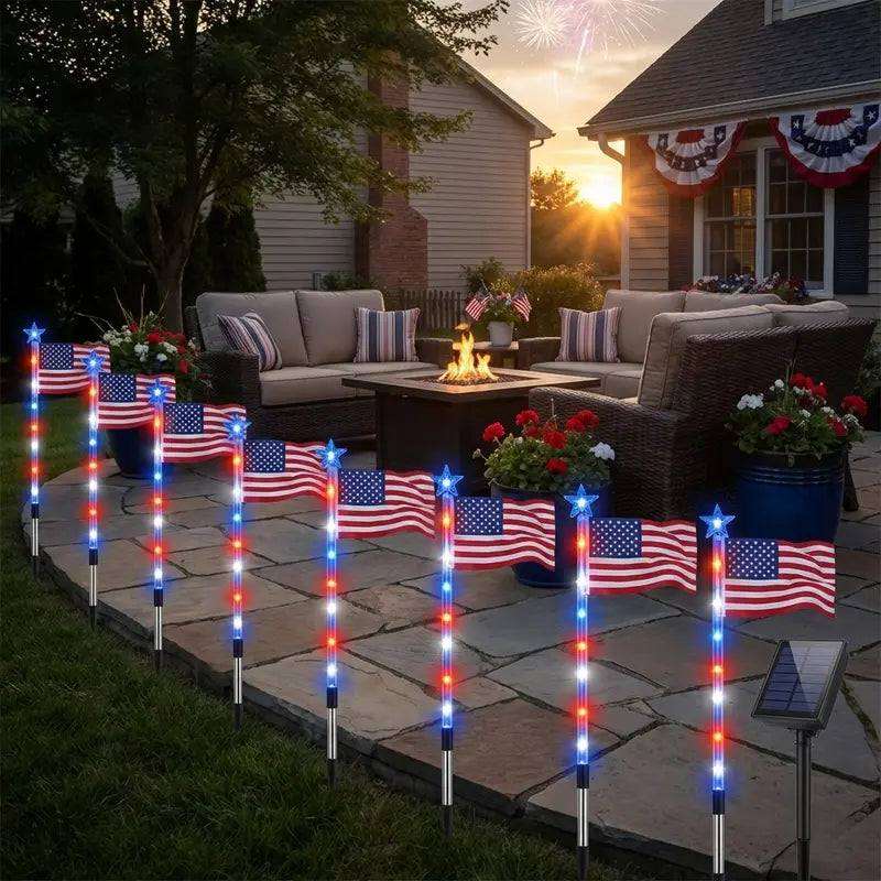Stargrove – Solar American Flag Light Stakes, 8-Piece Set for 4th of July Walkway & Yard Decor