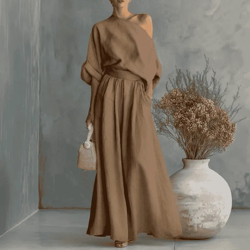 Solendra – Coordinated One-Shoulder Top and Flowing Wide-Leg Pants