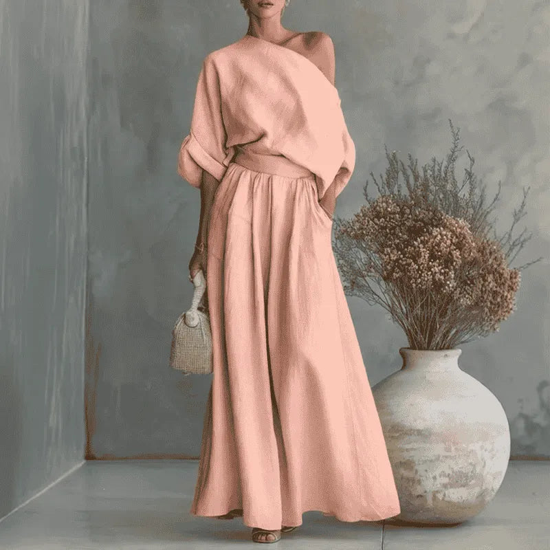 Solendra – Coordinated One-Shoulder Top and Flowing Wide-Leg Pants