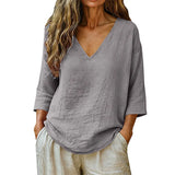 Sereva – Women's Relaxed V-Neck Linnen Blouse with Three-Quarter Sleeves and Curved Hem