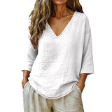 Sereva – Women's Relaxed V-Neck Linnen Blouse with Three-Quarter Sleeves and Curved Hem