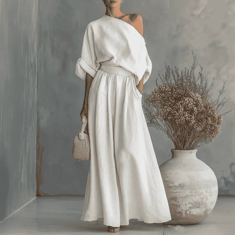 Solendra – Coordinated One-Shoulder Top and Flowing Wide-Leg Pants