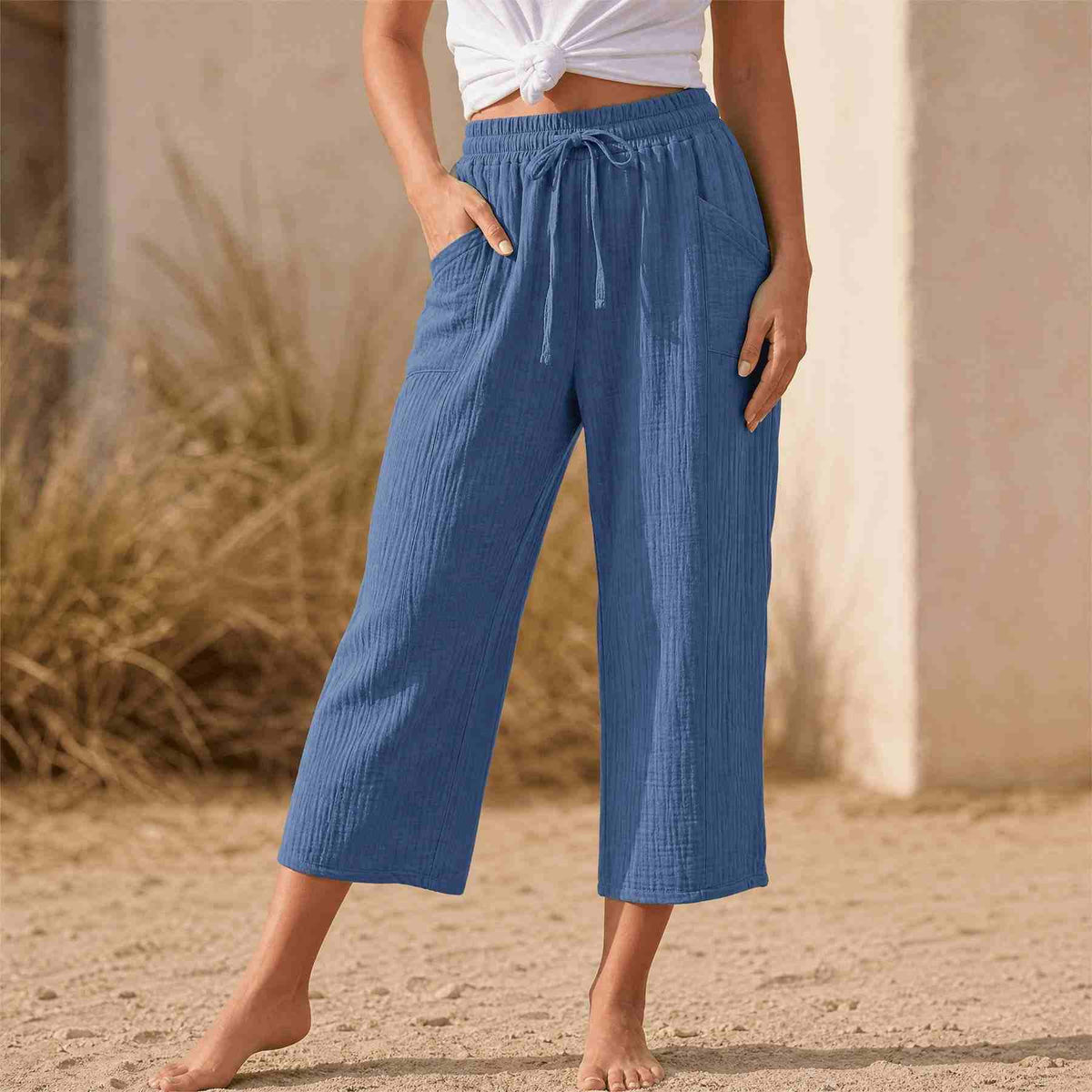 Linelle – Women's Crinkle Wide-Leg Cropped Pants with Pockets