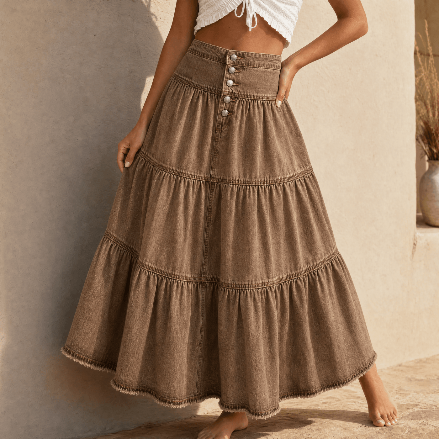Soléra – Women's Soft Button-Front Denim Maxi Skirt